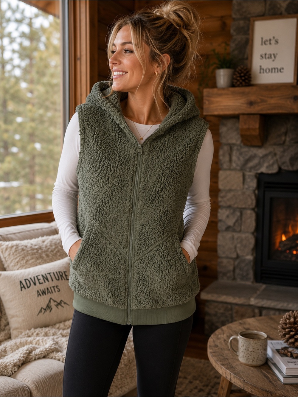 ZYIA Olive Green Sherpa Teddy Fleece Hooded Zip Vest with Pockets